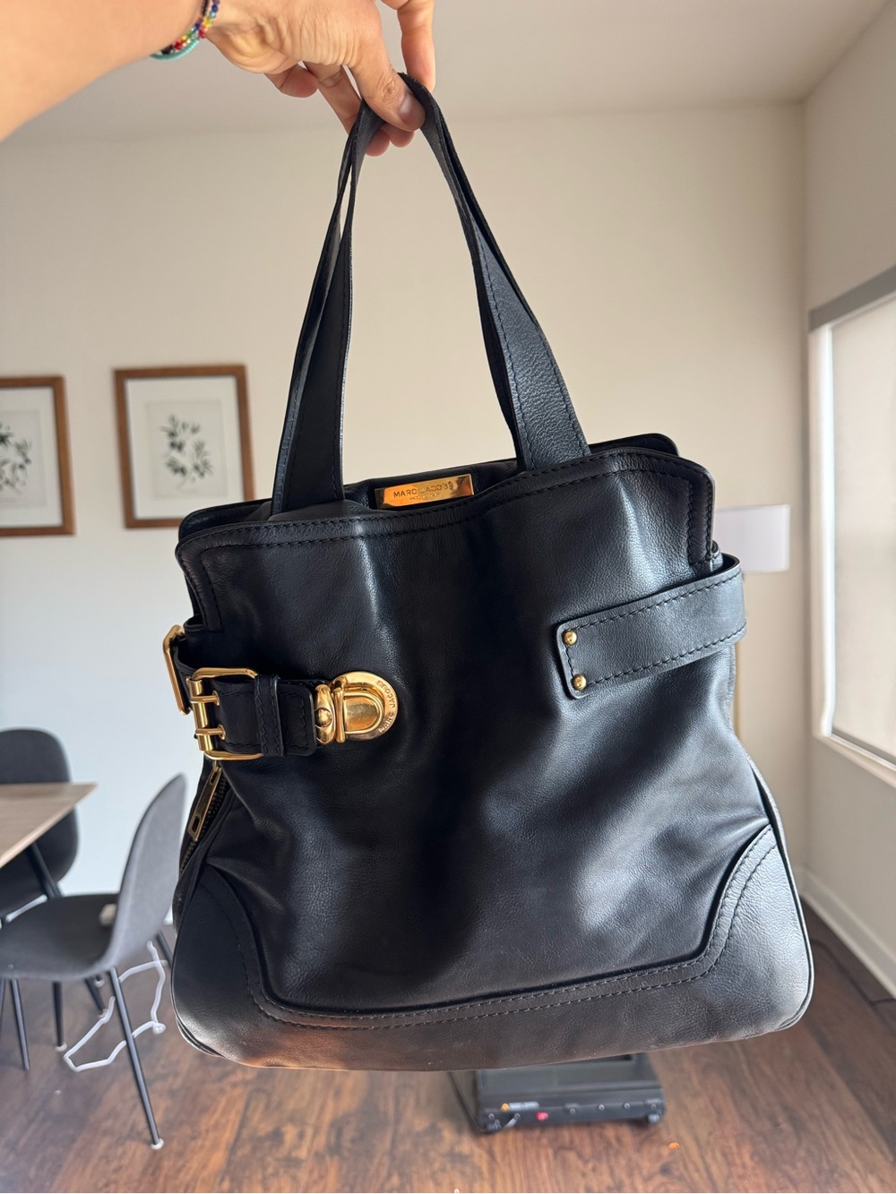 Vintage Made in Italy Marc Jacobs Black Leather Shoulder Tote with Gold Buckle